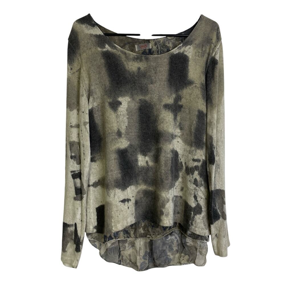Scandal Italy Sweater Top Long Sleeve Knit Layered Lined Sheer Shirt Pleat Back*